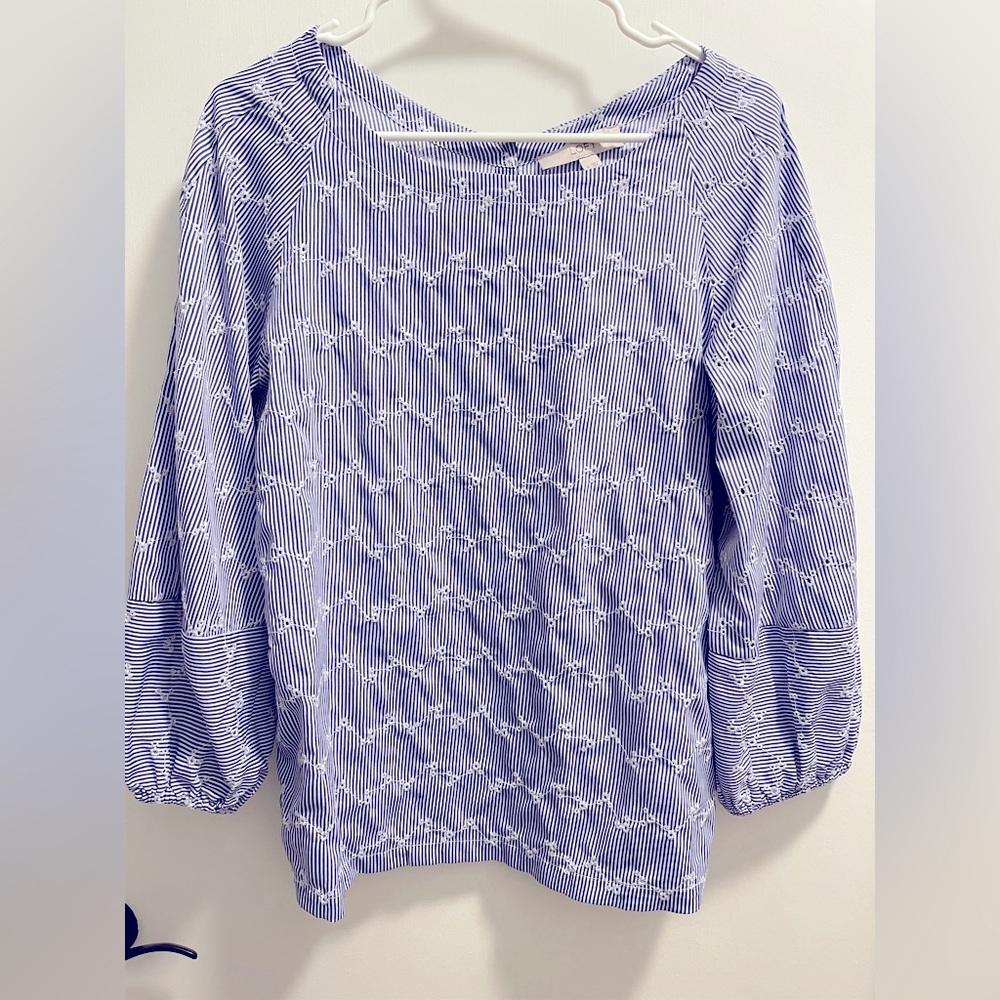 LOFT blue and white striped top. Buttons up back. Embroidered.